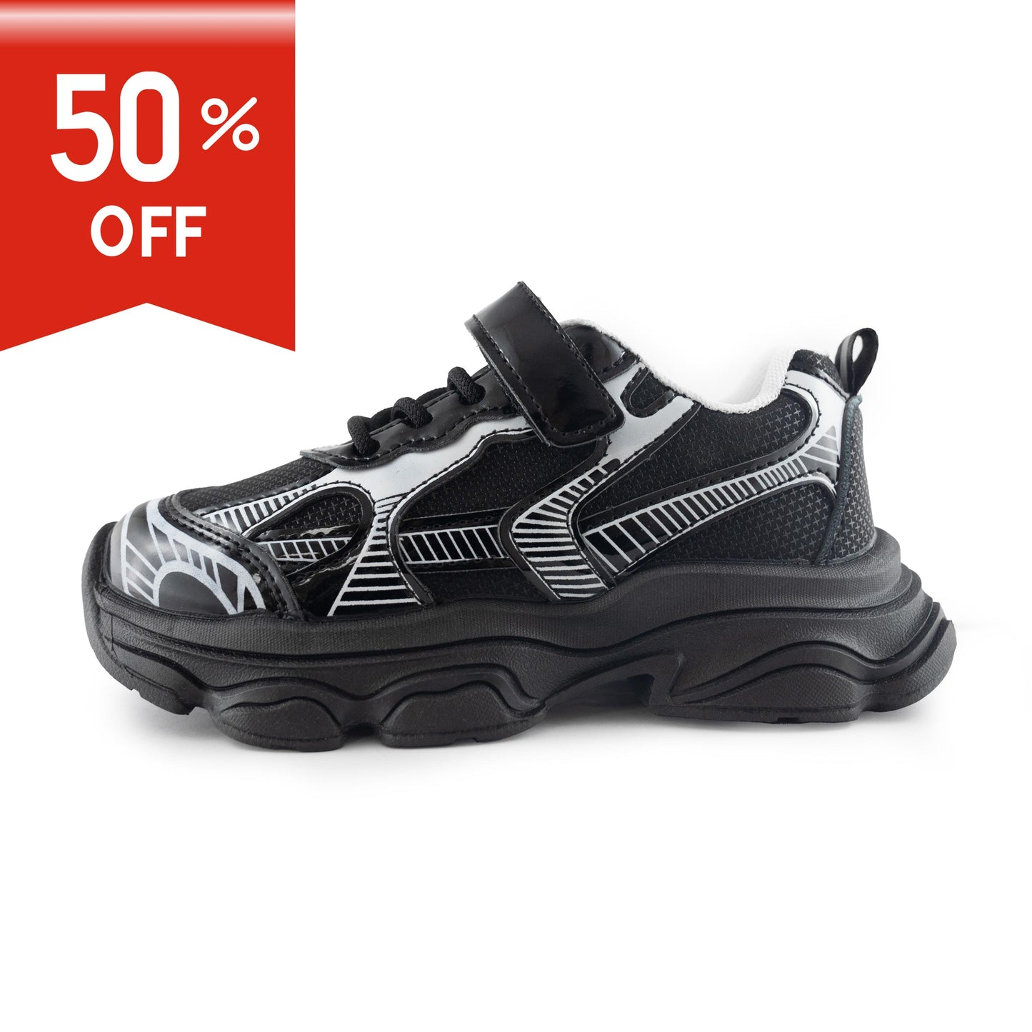 Kids' Chunky Sneakers – 128 Black & Silver Lightweight Shoes