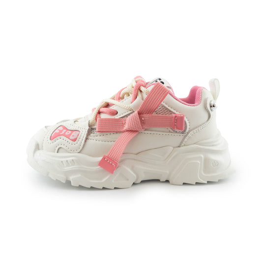 Kids' Bow Accent Sneakers - Stylish Pink & White Girl Casual Shoes - A3165